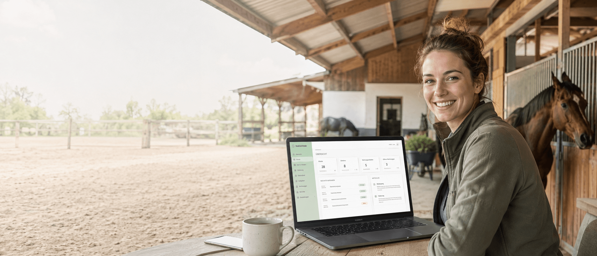 Stallbetreiberin in einem Aktivstall mit StallZentrale auf Laptop und Smartphone