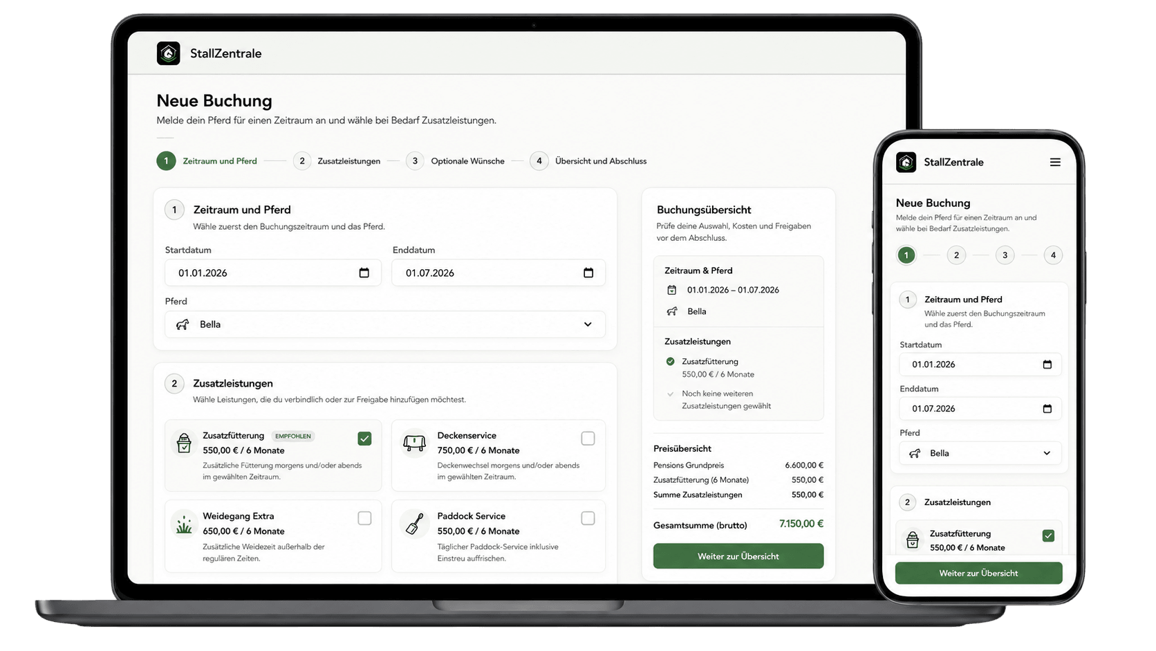 Buchung von Zusatzleistungen für ein Pferd in StallZentrale auf Laptop und Smartphone